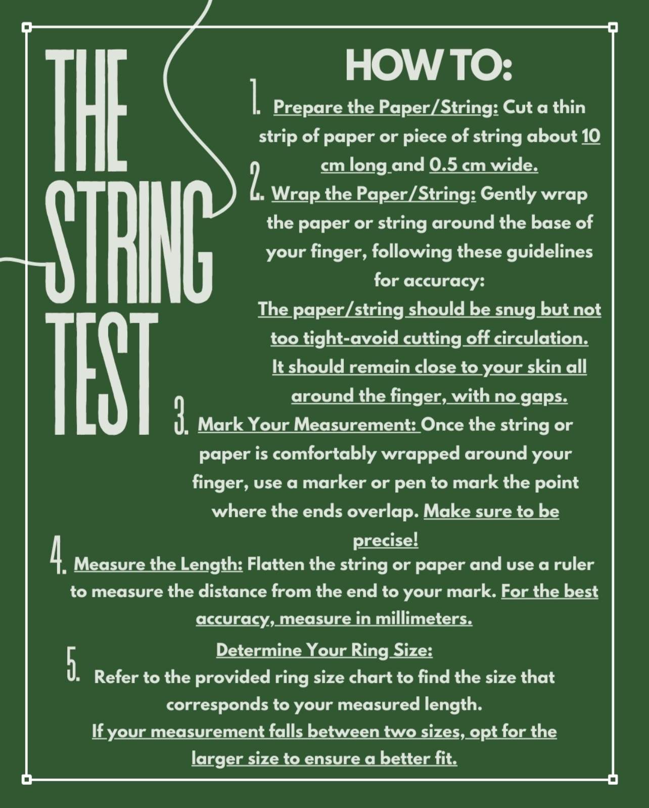 Green screen with text on how to perform the 'String Test' for measuring ring size, branded with 'greengravejewelry'.